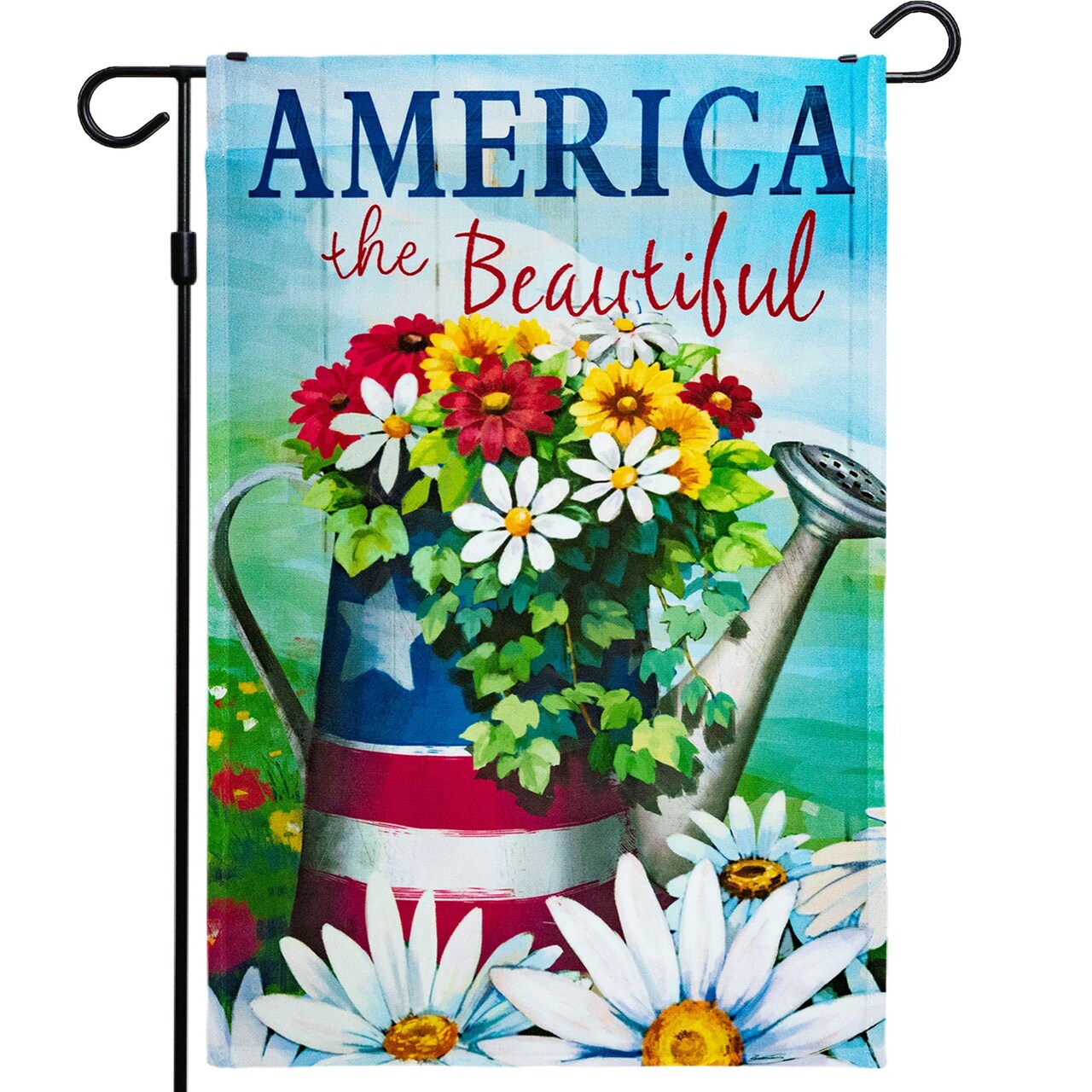 G128 - America the Beautiful USA Spring Flowers & Watering Can Patriotic Garden Flag | 12x18 Inch | Printed 150D Polyester - Rustic Holiday Seasonal Outdoor Flag